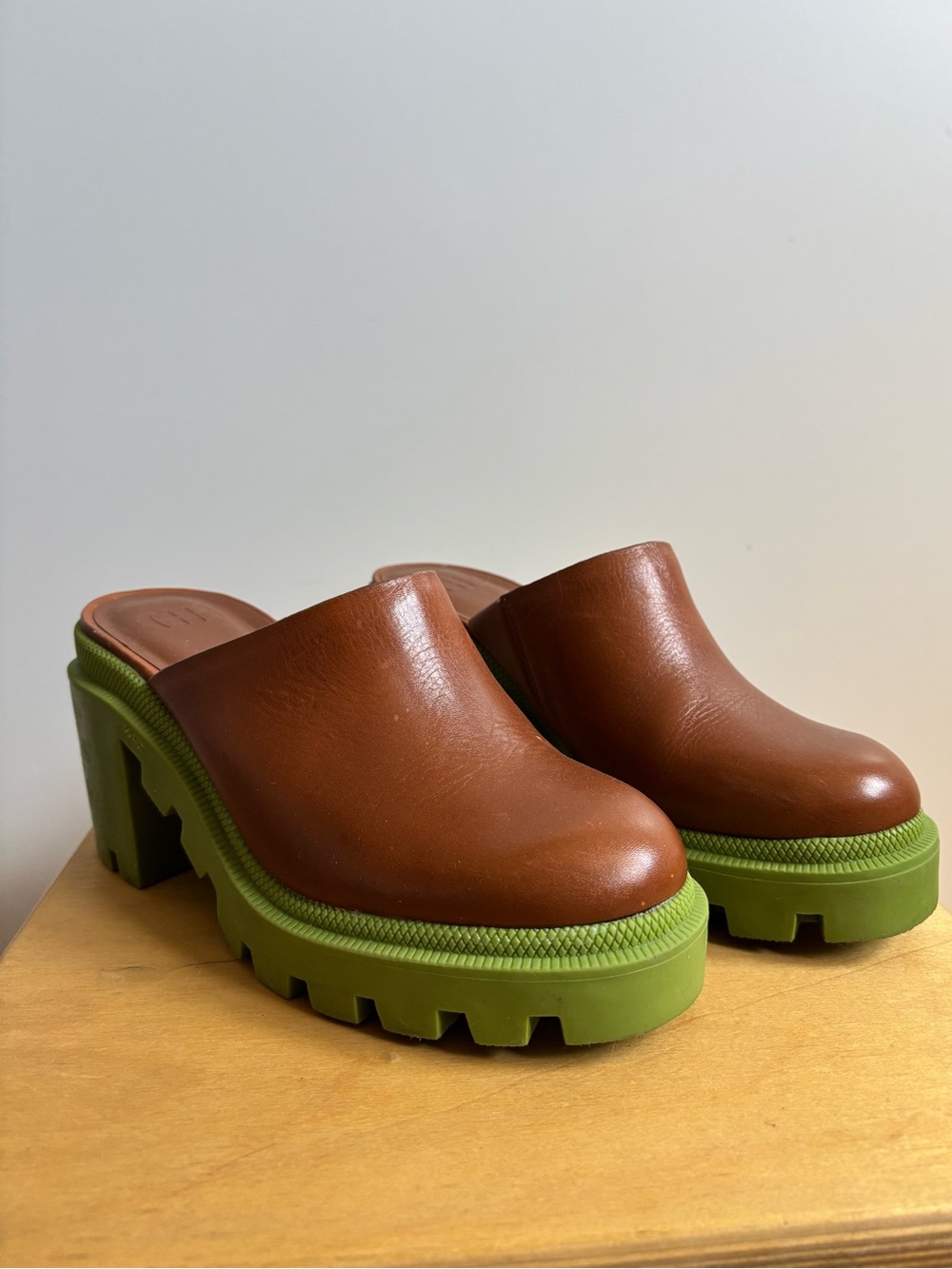 Gianni Bini End-game Leather Platform Mules with Green Rubber Lug Sole